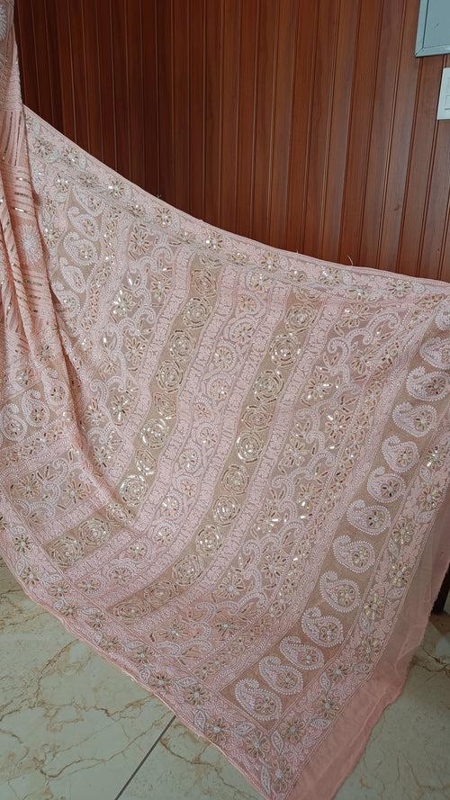 Peachy Ruhani Chikankari Saree with heavy Sequins Pearl and Aari Embroidery