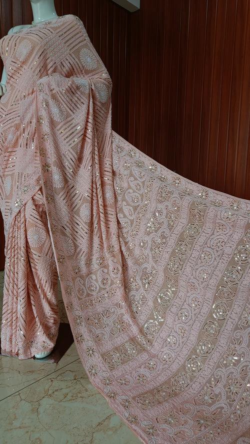 Peachy Ruhani Chikankari Saree with heavy Sequins Pearl and Aari Embroidery