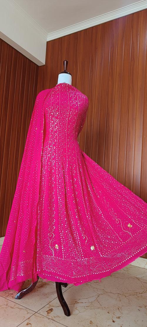 Hot Pink Allover Heavy Mukaish Georgette Anarkali with Dupatta