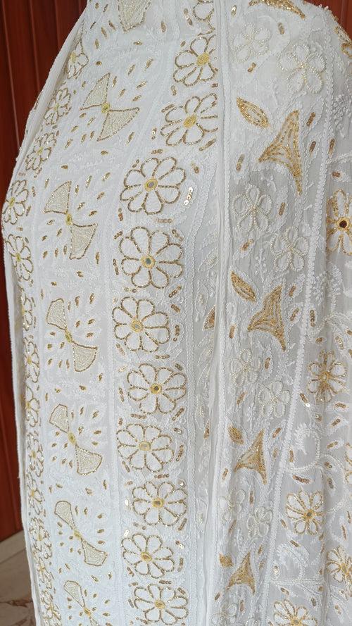 Off white Chikankari Pearl Sequins Cut Dana Kurta with Jaal Dupatta