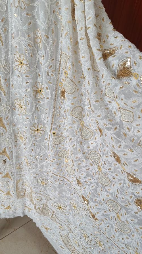 Off white Chikankari Pearl Sequins Cut Dana Kurta with Jaal Dupatta