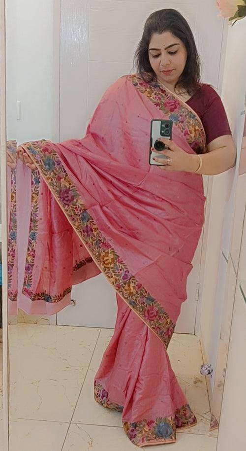 Pink Parsi Gara Hand Embroidered Tussar Silk Saree