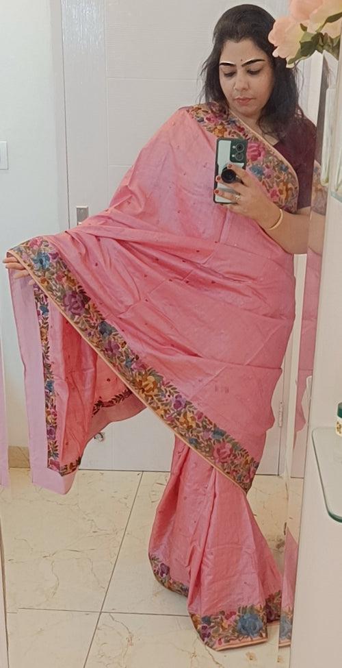 Pink Parsi Gara Hand Embroidered Tussar Silk Saree