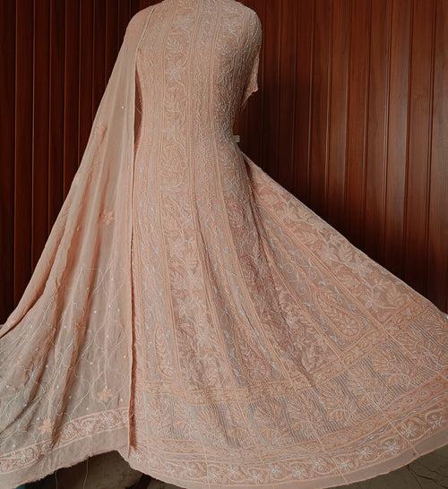 Fawn Chikankari Pearl Cut Dana Sequins Embroidered Anarkali with Dupatta