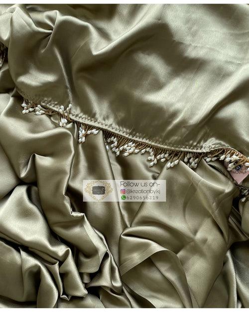 Ash Green Satin Silk Saree with Handmade Tassels on Pallu