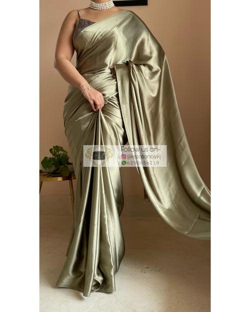 Ash Green Satin Silk Saree with Handmade Tassels on Pallu