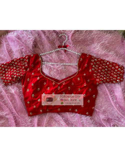 Red Handembroidered Floral Bridal Blouse Piece