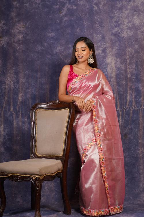 Pink Tissue Floral Border Saree