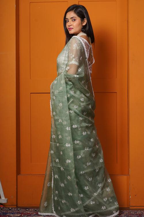 Sage Green Snow Drop Organza Saree