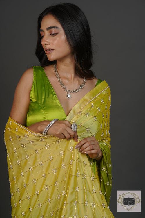 Mango Bite Ombre Cutdana Jaal Saree