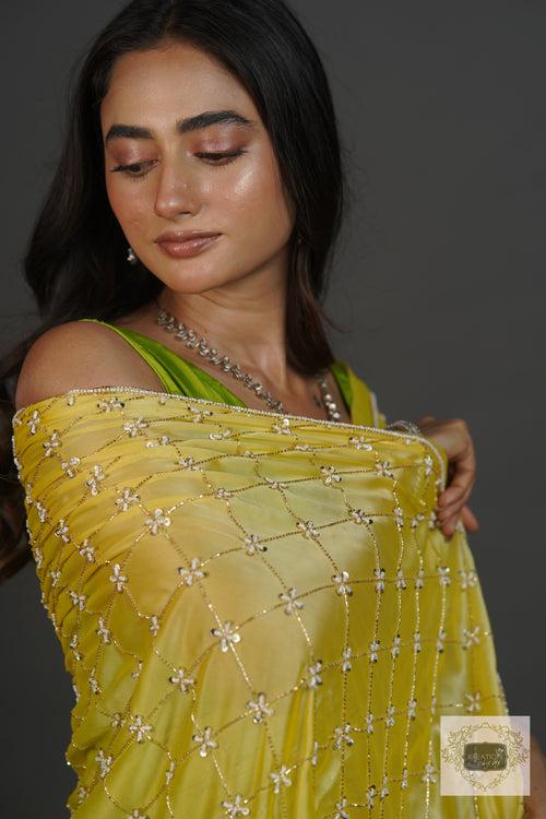 Mango Bite Ombre Cutdana Jaal Saree