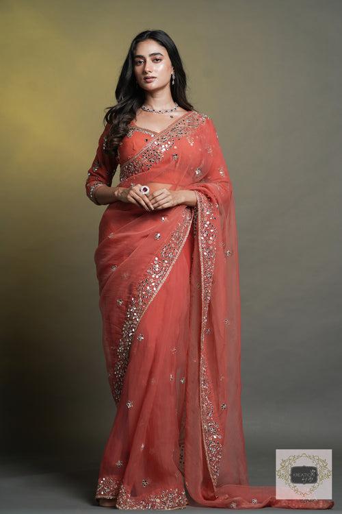 Peach Sheesh Mahal Saree