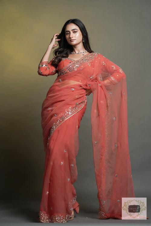 Peach Sheesh Mahal Saree