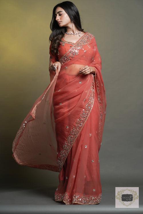 Peach Sheesh Mahal Saree