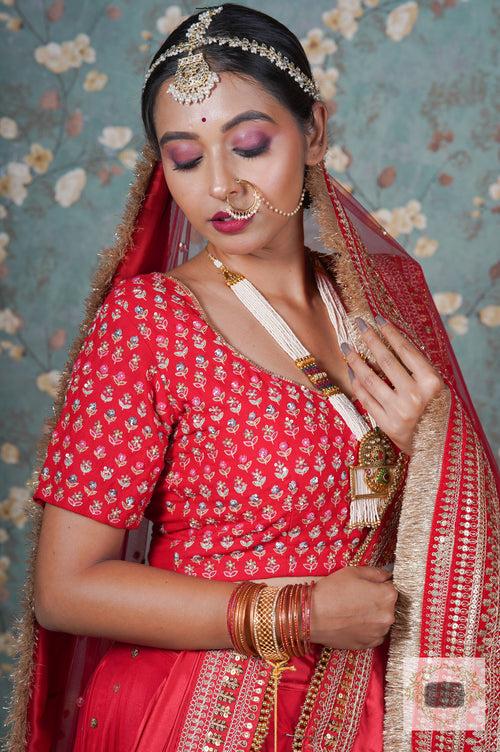 Red Handembroidered Floral Bridal Blouse Piece