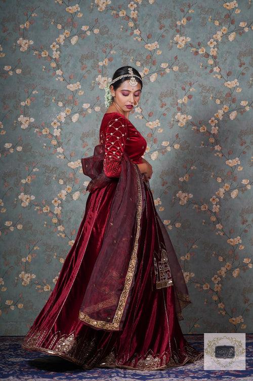 Burgundy Velvet Taj Mahal Lehenga Set