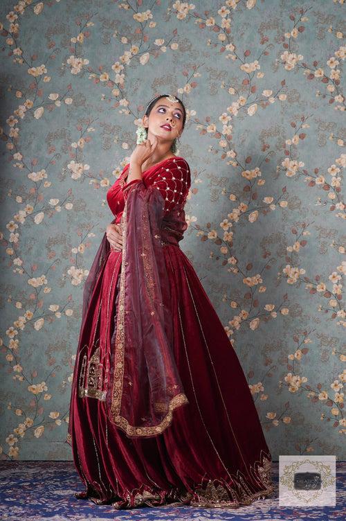 Burgundy Velvet Taj Mahal Lehenga Set