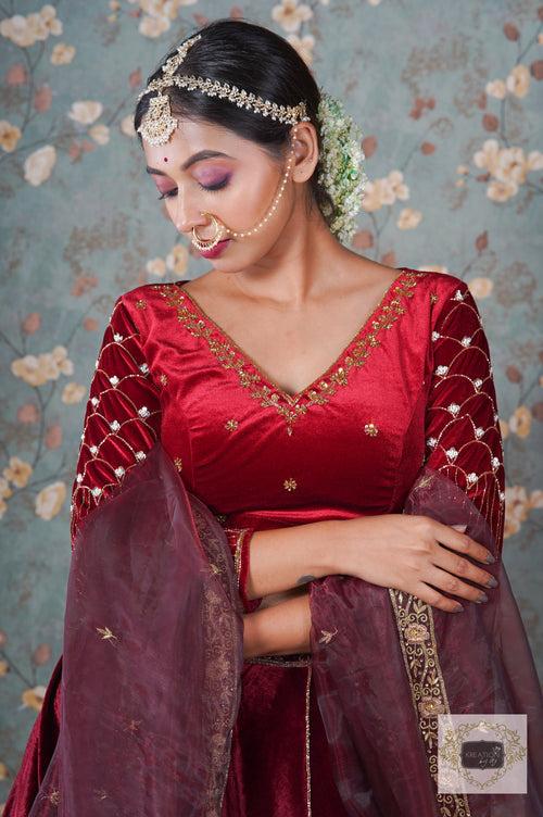 Burgundy Velvet Taj Mahal Lehenga Set