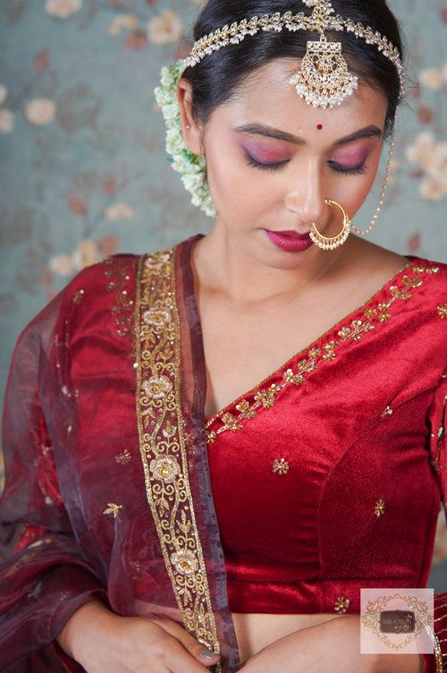 Burgundy Velvet Taj Mahal Lehenga Set