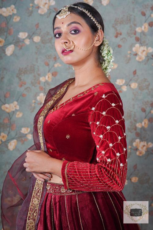 Burgundy Velvet Taj Mahal Lehenga Set