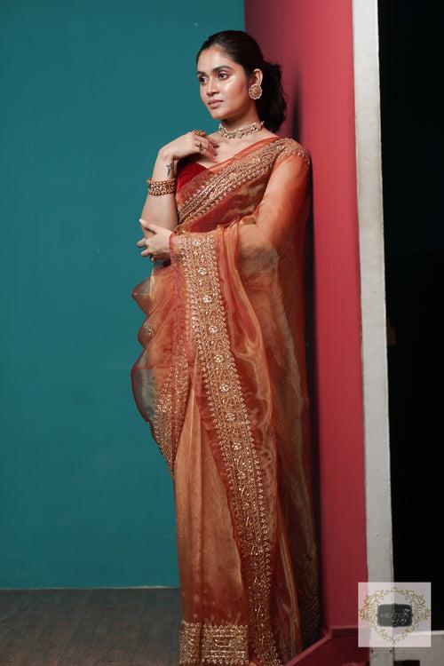 Auburn Glass Tissue Zarina Saree