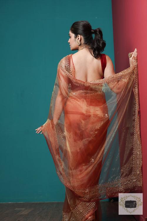 Auburn Glass Tissue Zarina Saree