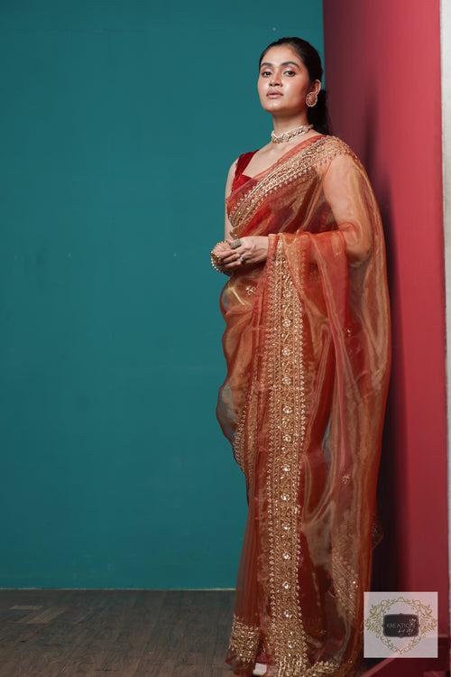 Auburn Glass Tissue Zarina Saree