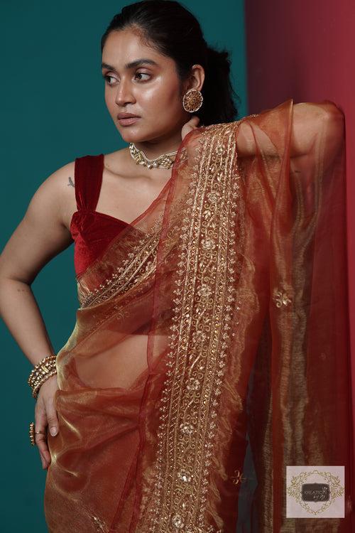 Auburn Glass Tissue Zarina Saree