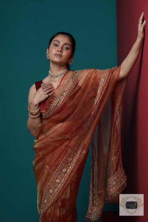 Auburn Glass Tissue Zarina Saree