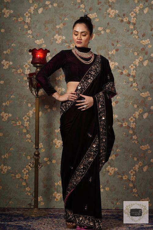 Dark Wine Velvet Anaya Saree