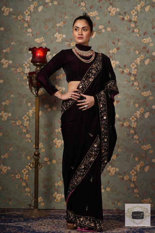 Dark Wine Velvet Anaya Saree