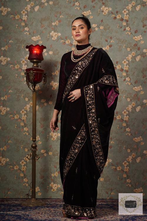 Dark Wine Velvet Anaya Saree