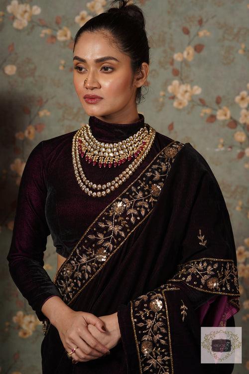 Dark Wine Velvet Anaya Saree