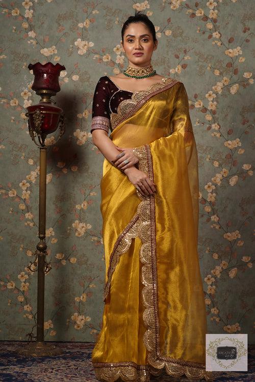 Yellow Gold Zari Tissue Mehraab Border Saree