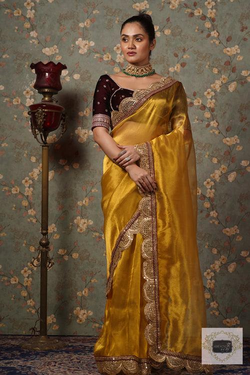 Yellow Gold Zari Tissue Mehraab Border Saree