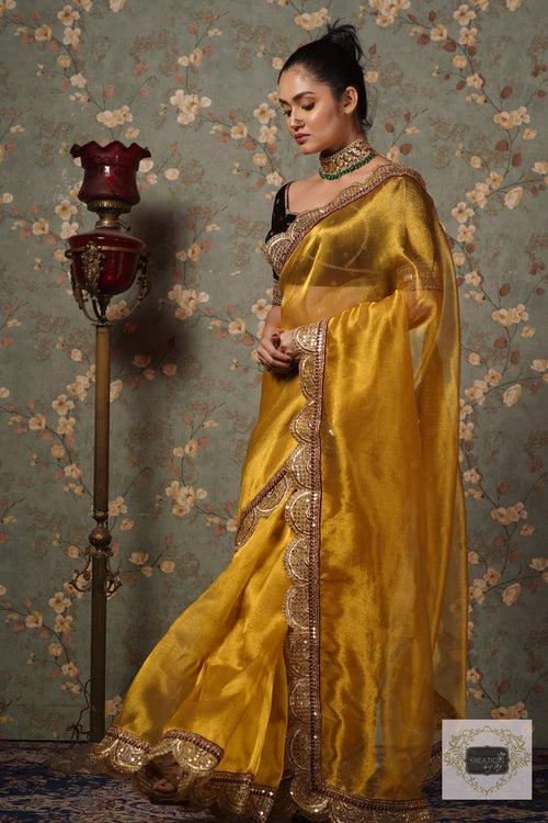 Yellow Gold Zari Tissue Mehraab Border Saree