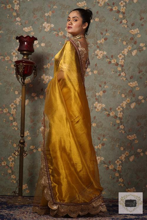 Yellow Gold Zari Tissue Mehraab Border Saree