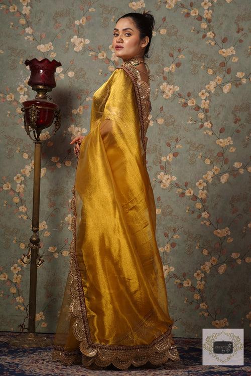 Yellow Gold Zari Tissue Mehraab Border Saree