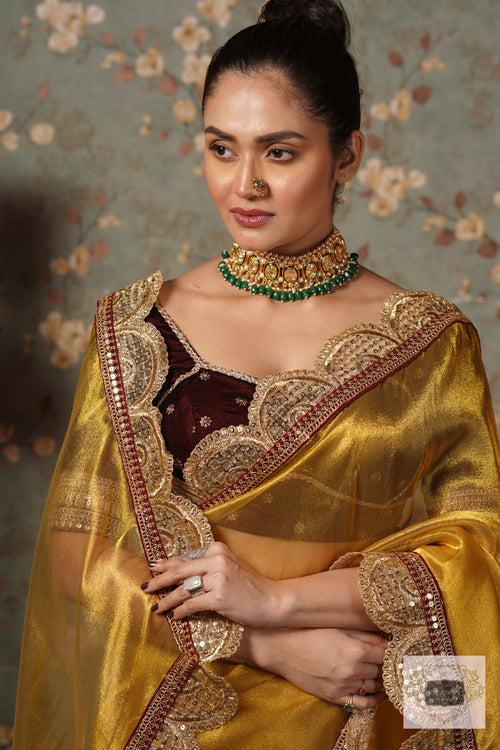 Yellow Gold Zari Tissue Mehraab Border Saree