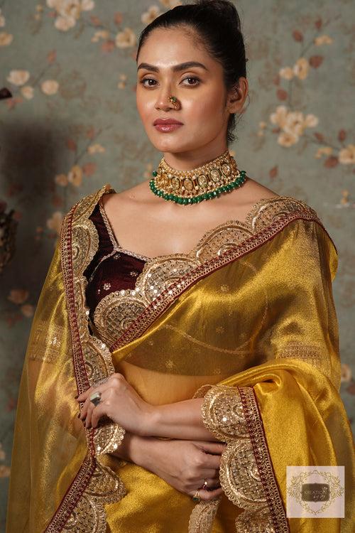 Yellow Gold Zari Tissue Mehraab Border Saree