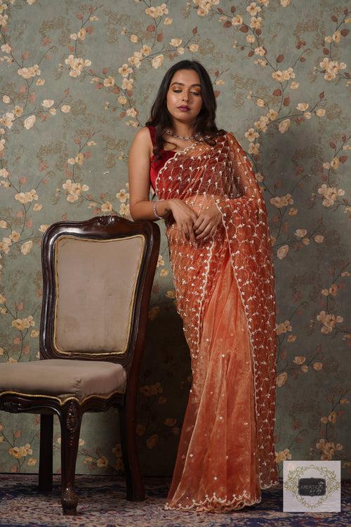 Marigold Glass Tissue Mehraab Jaal Saree