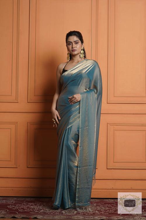 Teal Blue Shimmer Satin Saree