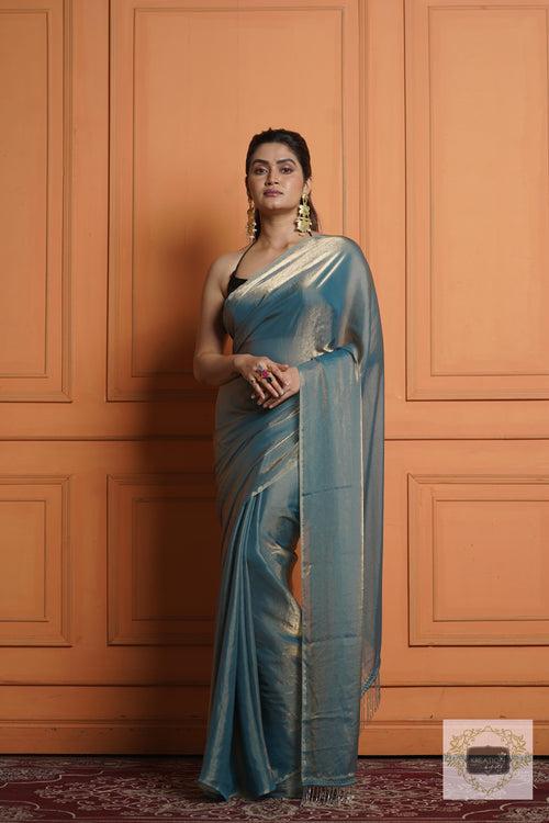 Teal Blue Shimmer Satin Saree