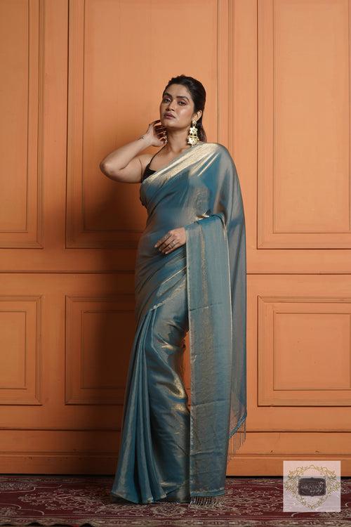 Teal Blue Shimmer Satin Saree