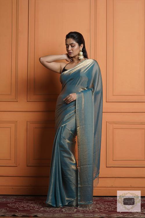 Teal Blue Shimmer Satin Saree