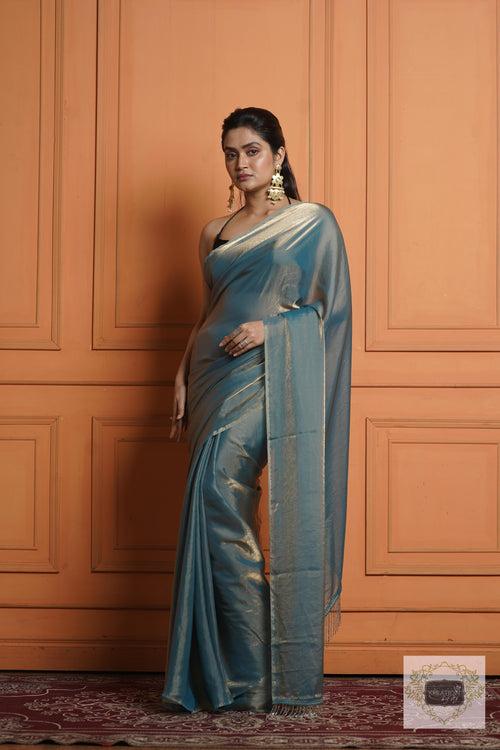 Teal Blue Shimmer Satin Saree