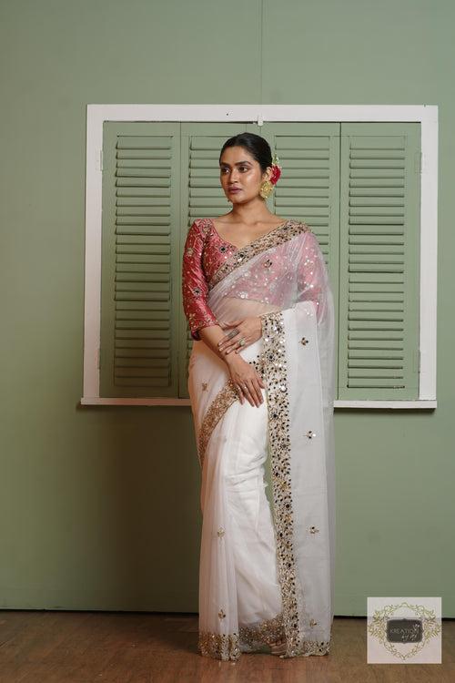 White Organza Sheesh Mahal Saree