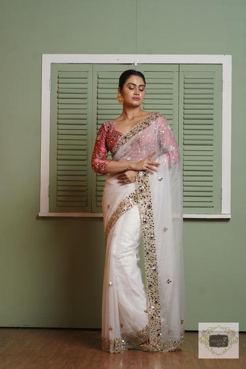 White Organza Sheesh Mahal Saree