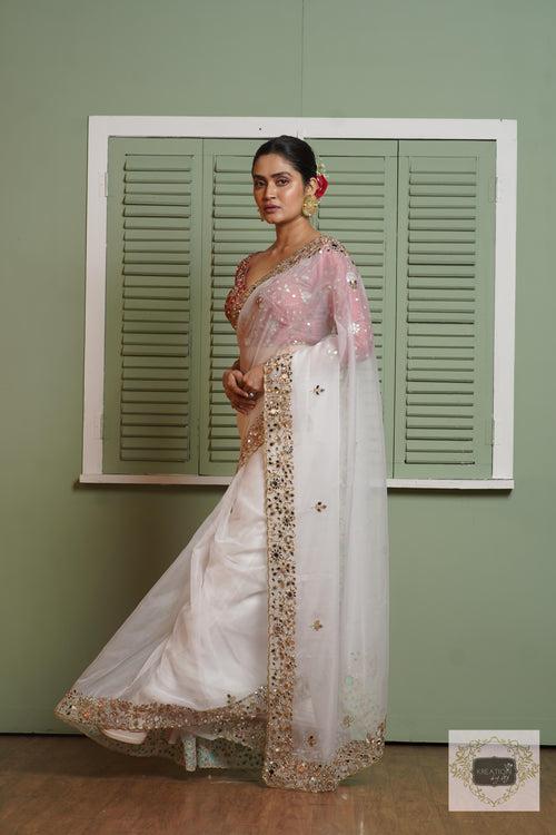 White Organza Sheesh Mahal Saree