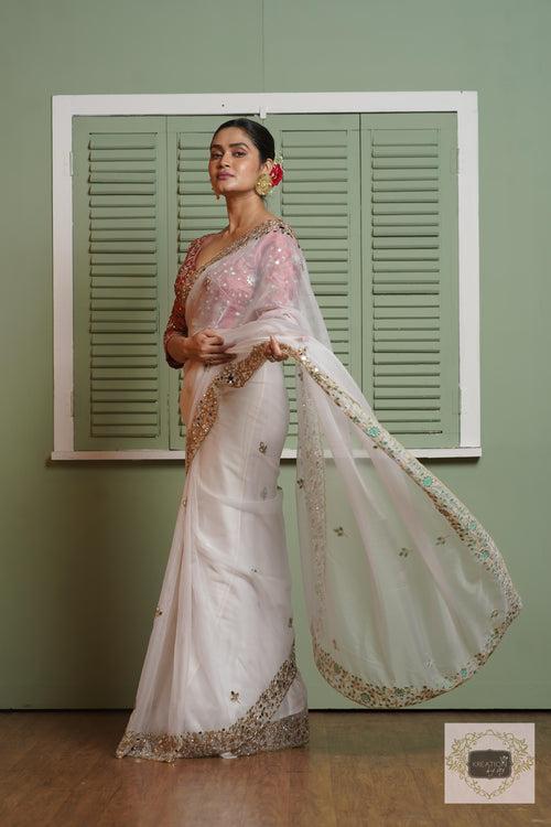 White Organza Sheesh Mahal Saree